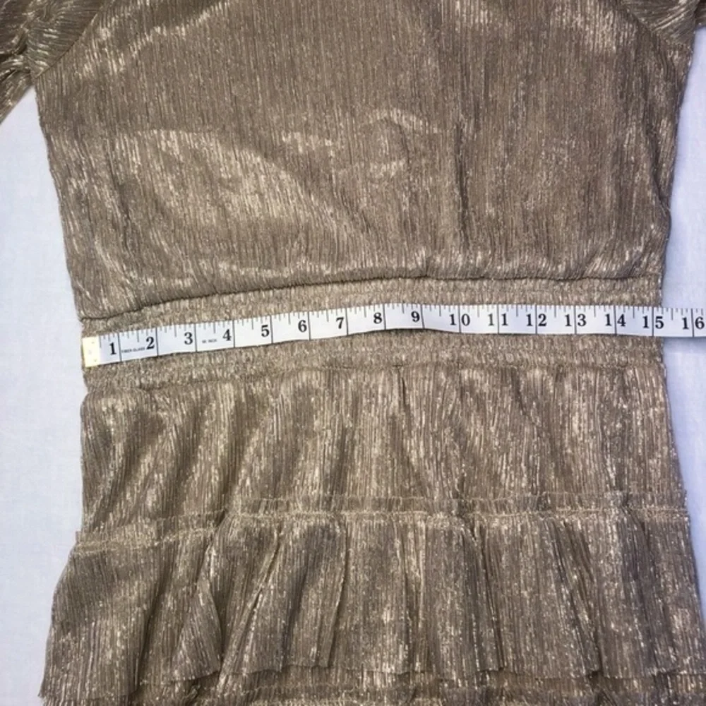 Sam & Jess Semi-Sheer Tiered Ruffle Mock turtleneck Dress Shimmer Gold S…